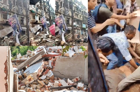 Debris of a building collapse at Grant Road in Mumbai