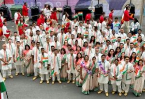 Indian athletes pose before the opening ceremony in Paris