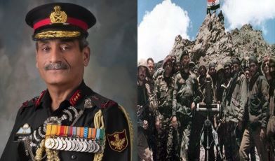 Lt Gen (Retd) Satish Dua in Indian army uniform. Victorious Indian Soldiers ar Tiger Hill, marking the victory of India in the war.