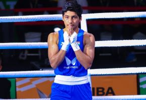 Preeti Pawar from India in the boxing ring at the Olympics