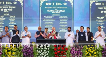 Palghar: Prime Minister Narendra Modi during the foundation stone laying ceremony of Vadhvan Port in Palghar on Friday, August 30, 2024. Chief Minister Eknath Shinde, Maharashtra Deputy Chief Minister Devendra Fadnavis also seen. (IANS)