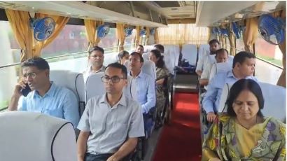 Department of Self-Governance and the Jaipur Development Authority officials rode in a luxury bus to assess the drainage system and potholed roads.