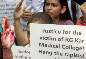 Members of ABVP stage a protest against the West Bengal Government, in New Delhi