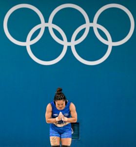 Weightlifter Inida's Mirabai Chanu at the Paris Olympics