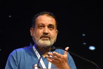 Former Infosys Director and Aarin Capital Chairman TV Mohandas Pai addresses at the inaugural session of Bengaluru Tech Summit 2019, on Nov 18, 2019.