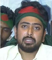 Nahid Islam, student leader of Bangladesh with bangladesh flag tied to his head as a bandana