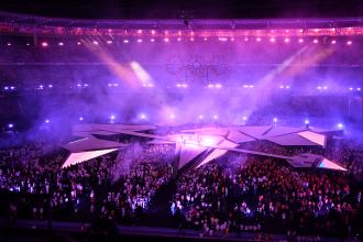 French band Phoenix perform during the closing ceremony of the Paris Olympics 2024 at the Stade de France, in Paris, France, on Sunday, August 11, 2024.