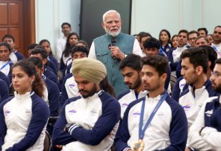 Pm speaking with the Indian Olympic contingent, on 15 August 2024 at his residence in New Delhi