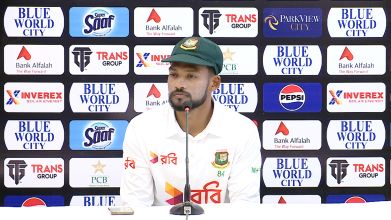 Bangladesh captain Najmul Hossain Shanto at press conference after winning against Pakistan