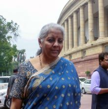 Finance Minister Nirmala Sitharaman speaking outside Parliament, New Delhi