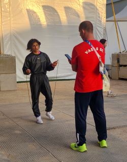 Vinesh Phogat exercising at the Olympic Village in Paris