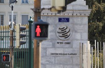 Photo taken on April 2, 2019 shows the WTO logo on the main gate of the World Trade Organization (WTO) in Geneva, Switzerland. (Xinhua/Xu Jinquan/IANS)