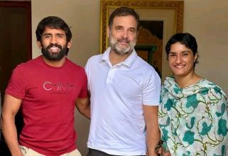 Indian Wretlers Bajrang Punia and Vinesh Phogat meet Rahul Gandhi in New Delhi