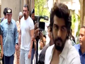 Sohial khan, salim khan, Arjun Kapoor outside Malaika Father's apartment in Bandra, Mumbai