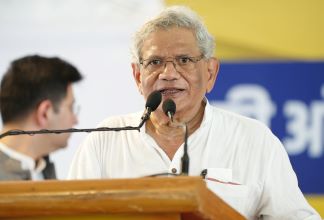 New Delhi: General Secretary of the Communist Party of India Sitaram Yechury speaks during INDIA bloc protest against Kejriwal's arrest and deteriorating health concerns at Jantar Mantar in New Delhi on Tuesday, July 30, 2024. (IANS)